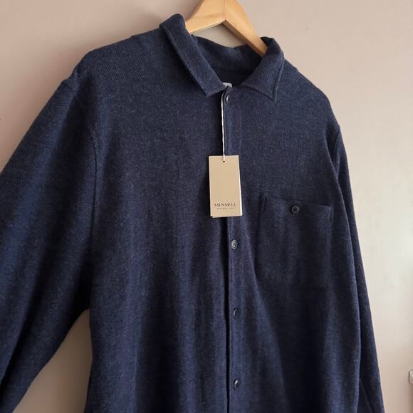 Sunspel England Wool Blend Button Front Flannel Shirt Navy Blue Size Large NEW - Picture 2 of 6